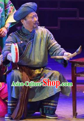 Huang Si Jie Chinese Tujia Minority Old Male Clothing Stage Performance Dance Costume and Headpiece for Men