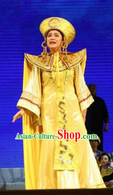 Goddess Ya Song Chinese Classical Dance Yellow Dress Stage Performance Dance Costume and Headpiece for Women