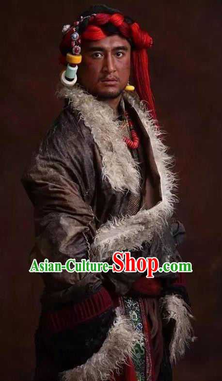 The Heavenly Road Chinese Zang Nationality Grey Clothing Stage Performance Dance Costume and Headpiece for Men