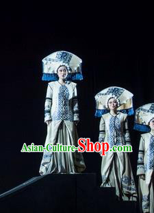 Hundred Bird Dress Chinese Zhuang Nationality Dance White Dress Stage Performance Dance Costume and Headpiece for Women