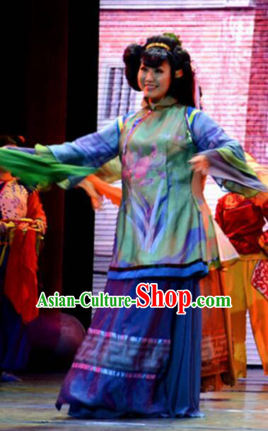 Gucuo Marriage Chinese Folk Dance Blue Dress Stage Performance Dance Costume and Headpiece for Women