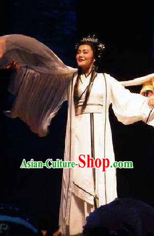 Cai Wenji Chinese Opera Ancient Poetess White Dress Stage Performance Dance Costume and Headpiece for Women