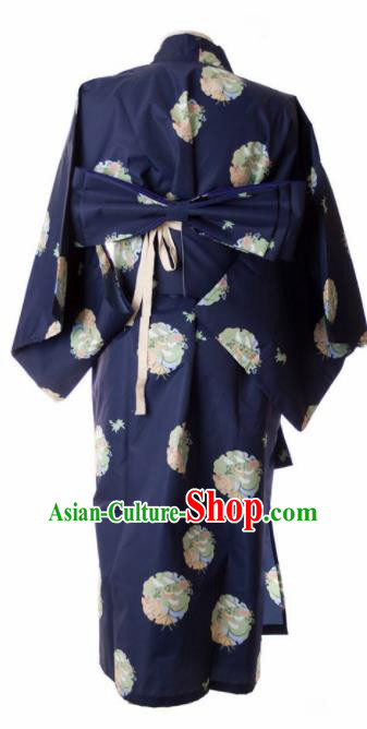 Traditional Japanese Printing Orchid Navy Kimono Asian Japan Yukata Dress for Women