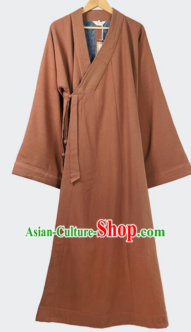 Traditional Chinese Monk Costume Winter Caramel Woolen Long Gown for Men