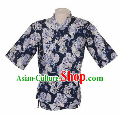 Traditional Japanese Printing Cherry Blossom Navy Blue Shirt Kimono Asian Japan Costume for Men