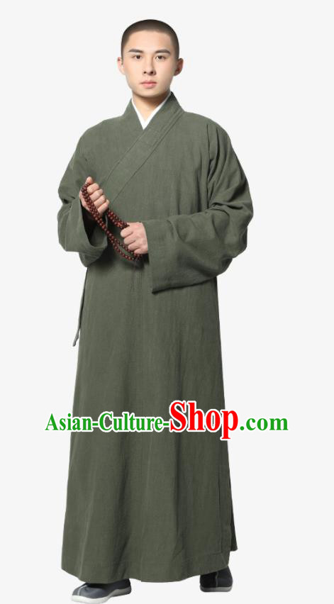 Traditional Chinese Monk Costume Olive Green Ramie Long Gown for Men