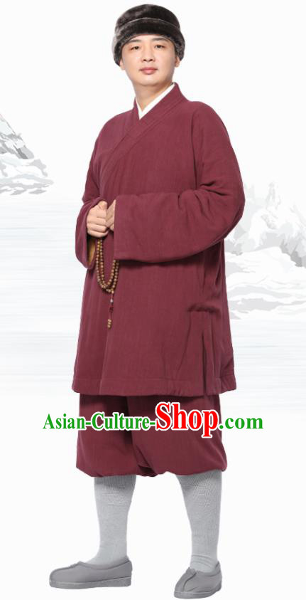 Traditional Chinese Monk Costume Meditation Purplish Red Flax Outfits Shirt and Pants for Men