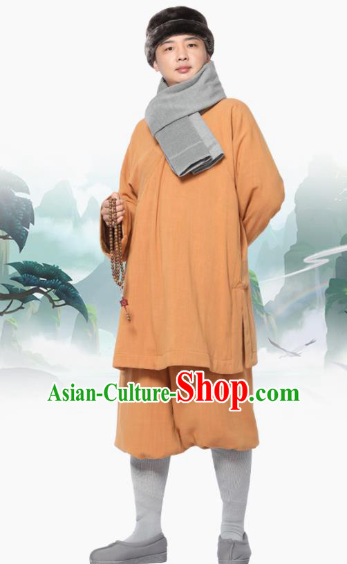 Traditional Chinese Monk Costume Meditation Yellow Flax Outfits Shirt and Pants for Men