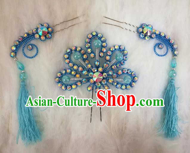 Chinese Traditional Beijing Opera Hair Accessories Peking Opera Blue Flower Hairpins Tassel Step Shake for Adults