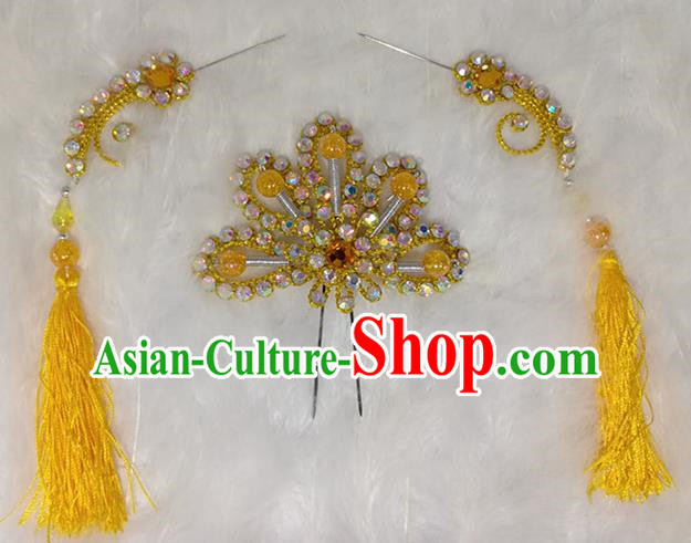 Chinese Traditional Beijing Opera Hair Accessories Peking Opera Yellow Flower Hairpins Tassel Step Shake for Adults