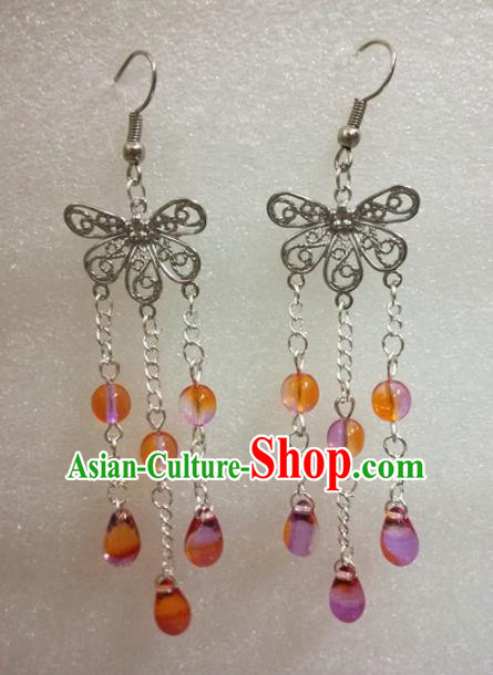 Chinese Traditional Beijing Opera Accessories Peking Opera Orange Beads Tassel Butterfly Earrings for Adults