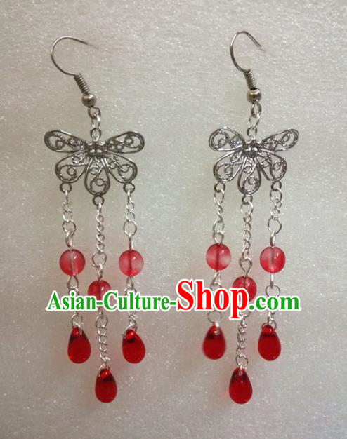 Chinese Traditional Beijing Opera Accessories Peking Opera Red Beads Tassel Butterfly Earrings for Adults
