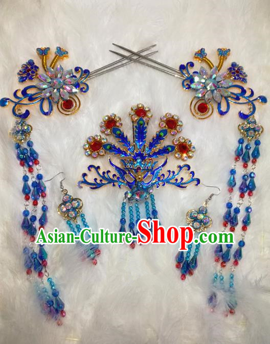 Chinese Traditional Beijing Opera Hair Accessories Peking Opera Blueing Phoenix Tassel Hairpins for Adults