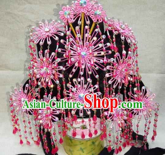 Chinese Traditional Beijing Opera Pink Phoenix Coronet Head Ornaments Hair Accessories for Adults
