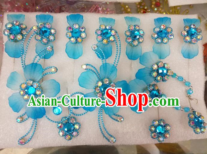 Chinese Traditional Beijing Opera Hair Accessories Peking Opera Princess Blue Flowers Hairpins Complete Set for Adults