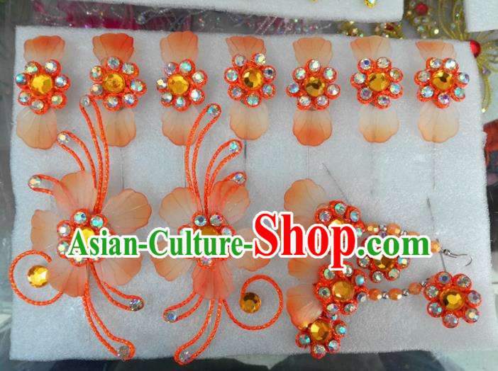 Chinese Traditional Beijing Opera Hair Accessories Peking Opera Princess Orange Flowers Hairpins Complete Set for Adults