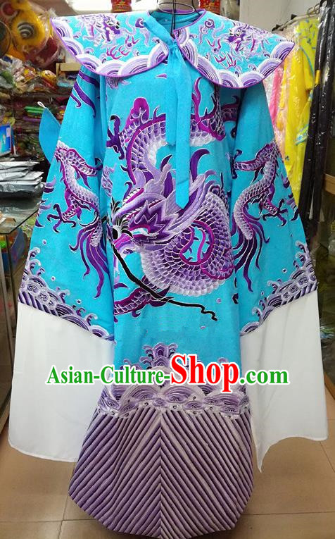 Chinese Traditional Beijing Opera Minister Costume Peking Opera Old Gentleman Blue Embroidered Robe for Adults