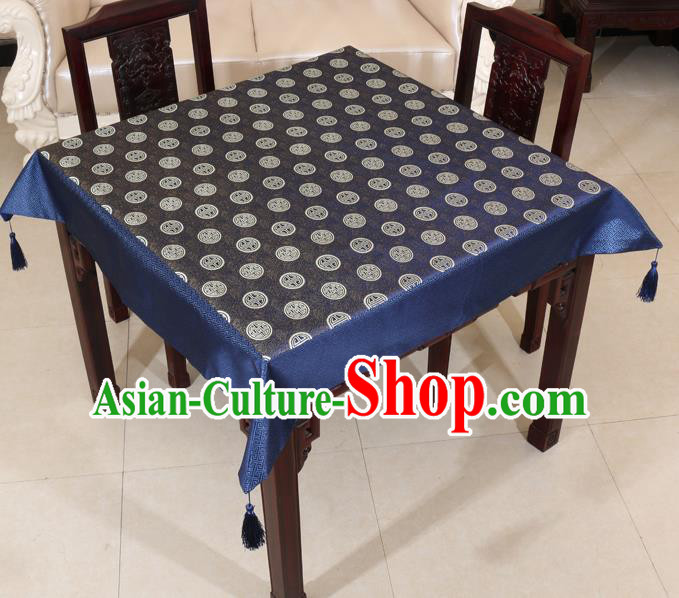 Chinese Traditional Longevity Pattern Navy Brocade Desk Cloth Classical Satin Household Ornament Table Cover