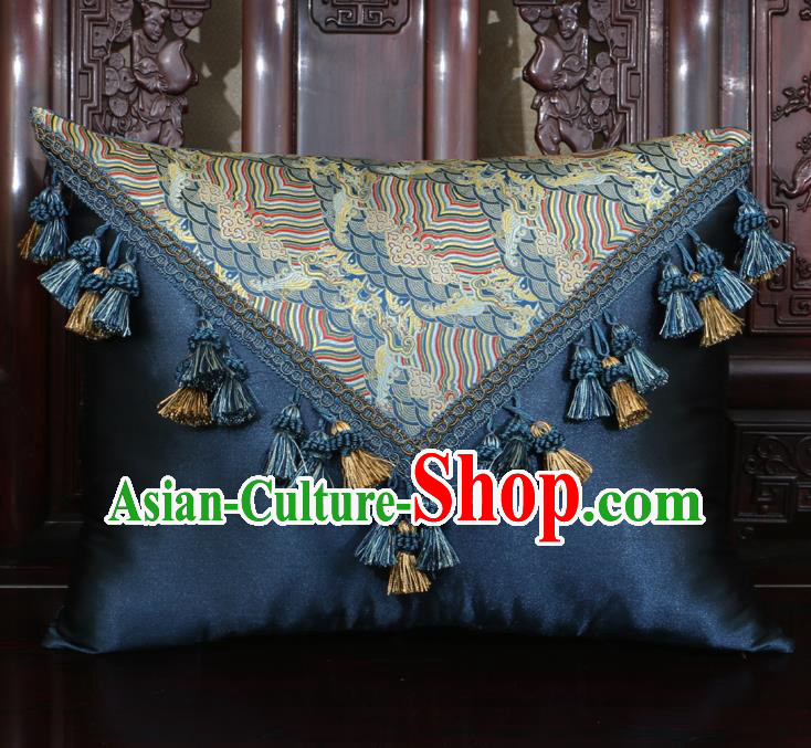 Chinese Traditional Wave Pattern Navy Brocade Back Cushion Cover Classical Household Ornament