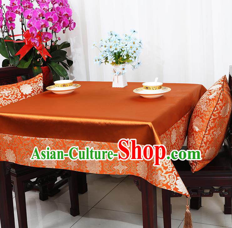 Chinese Traditional Lotus Pattern Orange Brocade Table Cloth Classical Satin Household Ornament Desk Cover