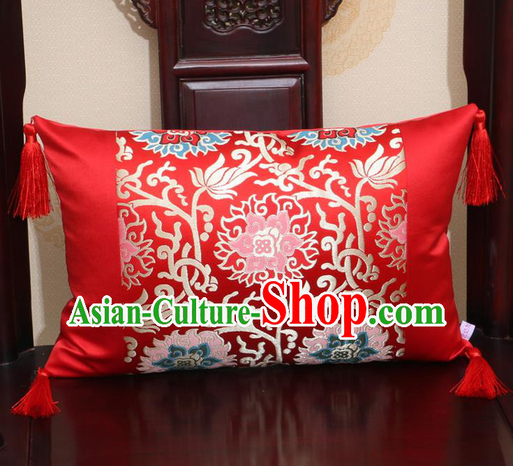 Chinese Traditional Lotus Pattern Red Brocade Back Cushion Cover Classical Household Ornament