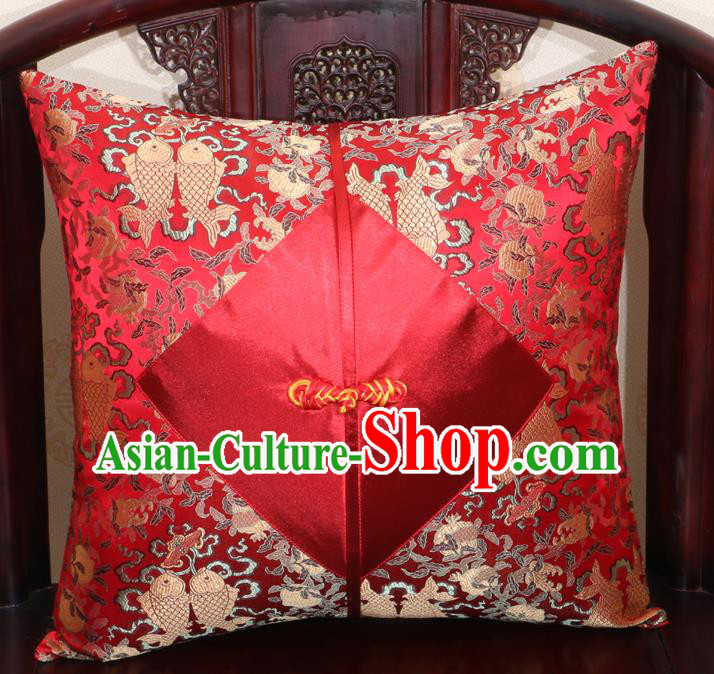 Chinese Classical Fishes Pattern Red Brocade Pipa Button Back Cushion Cover Traditional Household Ornament