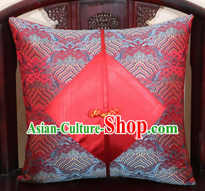 Chinese Classical Wave Pattern Red Brocade Pipa Button Back Cushion Cover Traditional Household Ornament