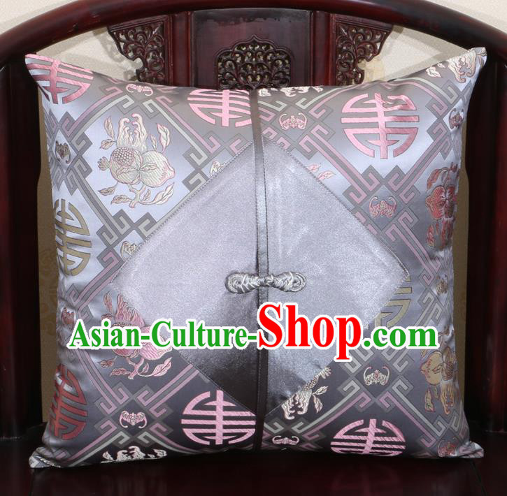 Chinese Classical Pomegranate Pattern Grey Brocade Pipa Button Back Cushion Cover Traditional Household Ornament