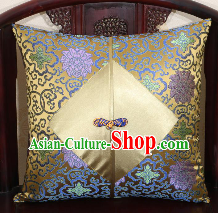 Chinese Classical Lotus Pattern Golden Brocade Pipa Button Back Cushion Cover Traditional Household Ornament