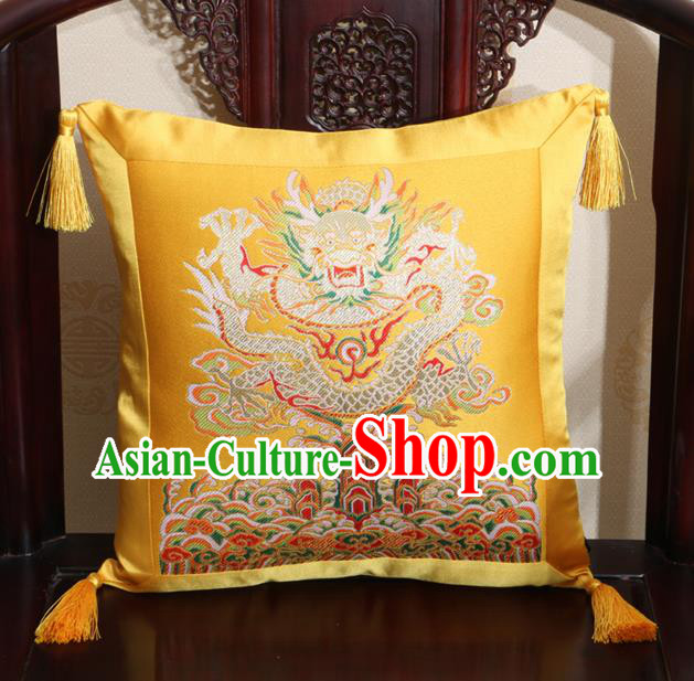 Chinese Classical Dragon Pattern Golden Brocade Square Cushion Cover Traditional Household Ornament