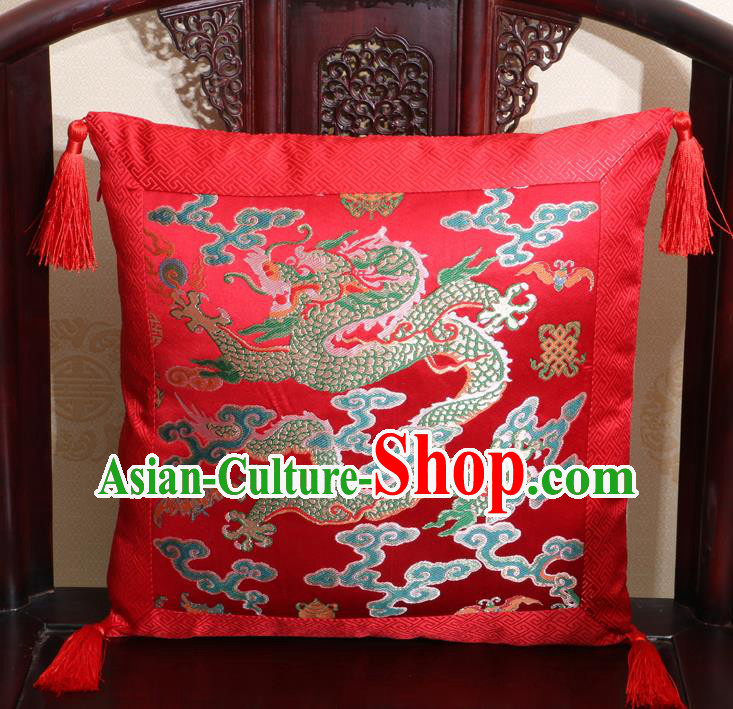 Chinese Classical Cloud Dragon Pattern Red Brocade Square Cushion Cover Traditional Household Ornament