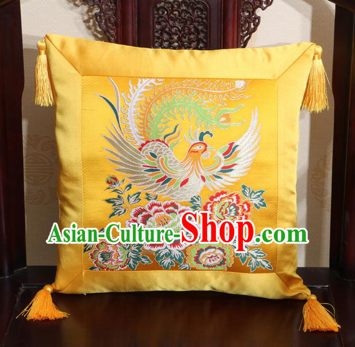 Chinese Classical Phoenix Peony Pattern Golden Brocade Square Cushion Cover Traditional Household Ornament
