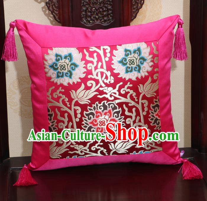 Chinese Classical Lotus Pattern Rosy Brocade Square Cushion Cover Traditional Household Ornament