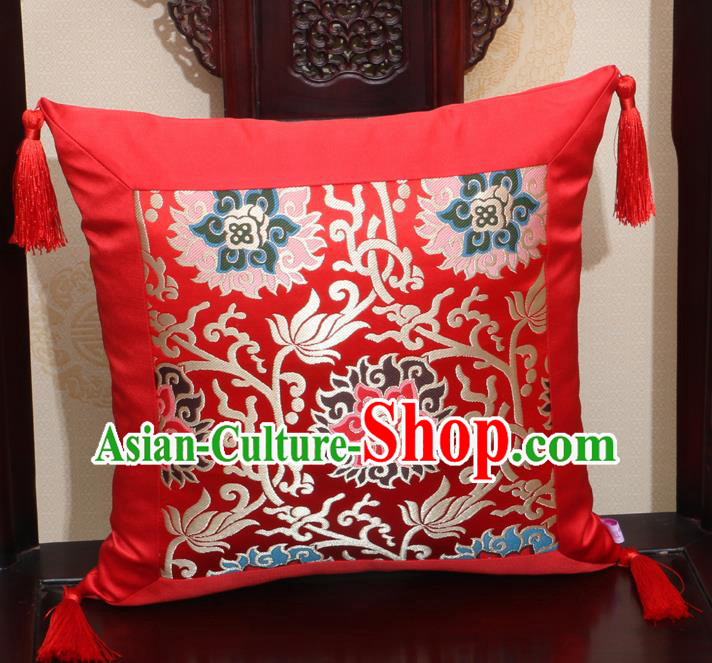 Chinese Classical Lotus Pattern Red Brocade Square Cushion Cover Traditional Household Ornament