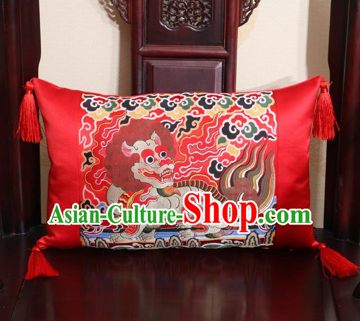 Chinese Traditional Kylin Pattern Red Brocade Back Cushion Cover Classical Household Ornament