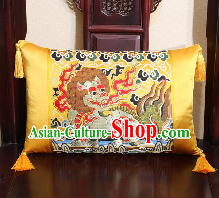 Chinese Traditional Kylin Pattern Golden Brocade Back Cushion Cover Classical Household Ornament