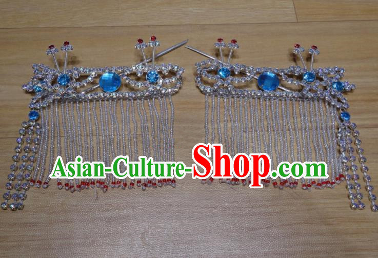 Chinese Traditional Beijing Opera Diva Sidebums Blue Tassel Hairpins Princess Hair Accessories for Adults