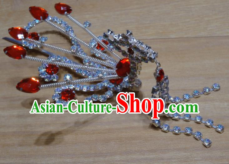 Chinese Traditional Beijing Opera Red Crystal Phoenix Tassel Hairpins Princess Hair Accessories for Adults