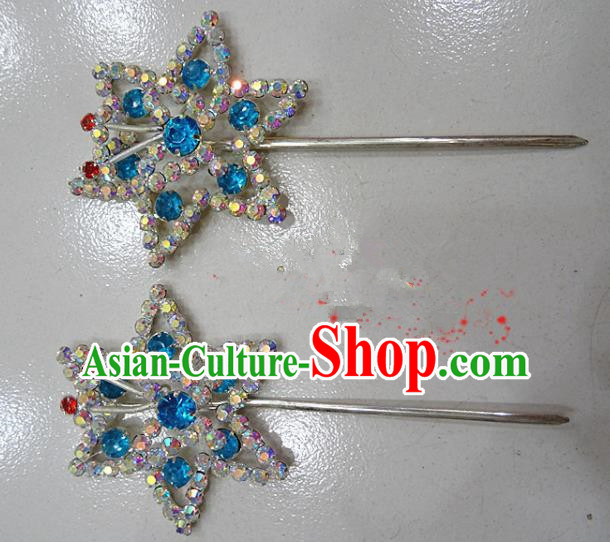 Chinese Traditional Beijing Opera Diva Blue Crystal Hexagon Hairpins Princess Hair Clip Hair Accessories for Adults