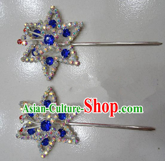 Chinese Traditional Beijing Opera Diva Royalblue Crystal Hexagon Hairpins Princess Hair Clip Hair Accessories for Adults