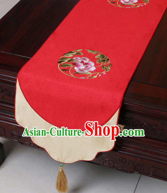 Chinese Traditional Embroidered Peony Red Brocade Table Cloth Classical Satin Household Ornament Table Flag