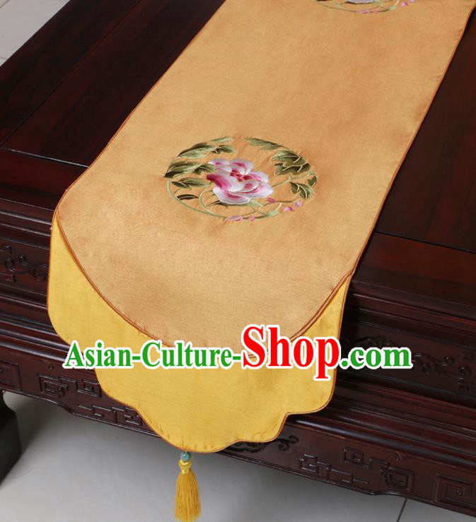 Chinese Traditional Embroidered Peony Golden Brocade Table Cloth Classical Satin Household Ornament Table Flag