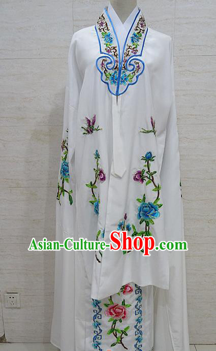 Chinese Traditional Beijing Opera Embroidered Peony White Dress Peking Opera Diva Costume for Adults