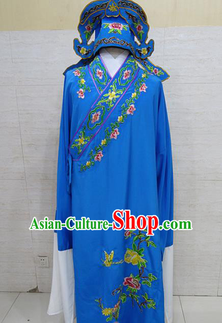 Professional Chinese Beijing Opera Niche Embroidered Peony Deep Blue Robe Traditional Peking Opera Scholar Costume for Adults