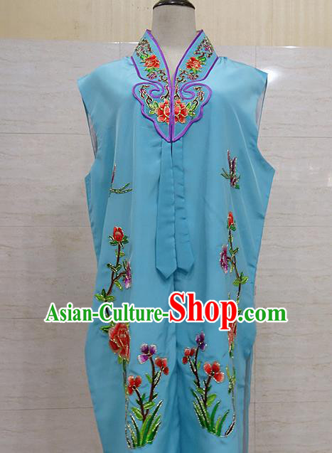 Chinese Traditional Beijing Opera Maidservants Blue Embroidered Peony Waistcoat Peking Opera Costume for Adults