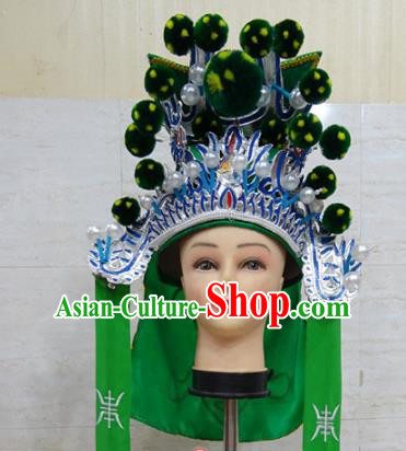 Chinese Traditional Beijing Opera Takefu Green Hat Ancient General Helmet Headwear for Adults
