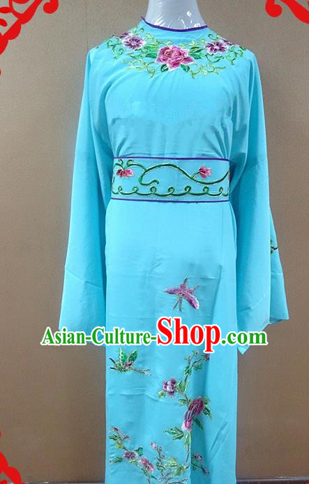 Professional Chinese Beijing Opera Niche Blue Embroidered Peony Robe Traditional Peking Opera Scholar Costume for Adults