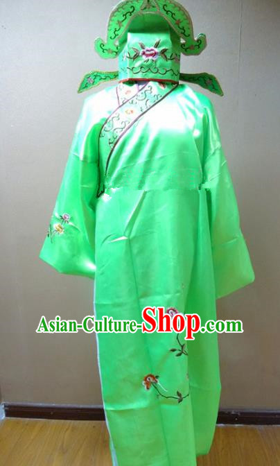 Professional Chinese Traditional Beijing Opera Niche Green Robe Ancient Scholar Embroidered Peony Costume for Adults