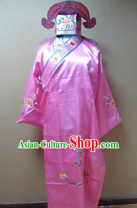 Professional Chinese Traditional Beijing Opera Niche Pink Robe Ancient Scholar Embroidered Peony Costume for Adults