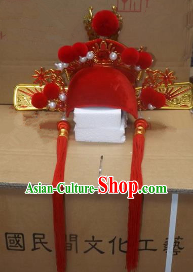 Chinese Traditional Beijing Opera Number One Scholar Headwear Ancient Bridegroom Red Tassel Hat